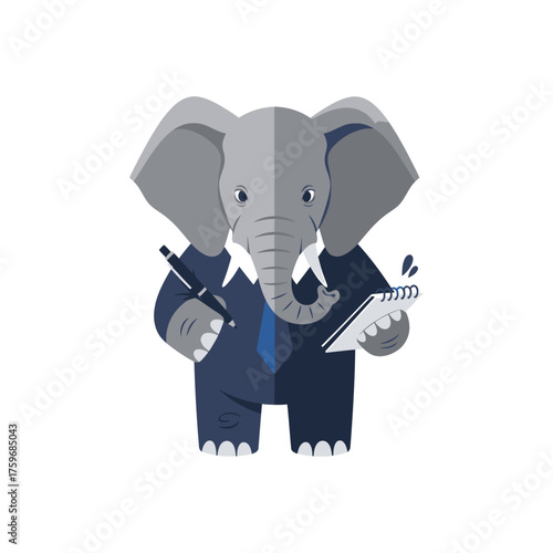 Canvas Print Professional Elephant Mascot in Suit Holding Pen and Notepad.