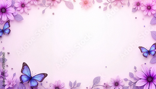 Colorful floral frame with butterflies in soft pastel colors  