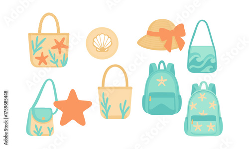 Flat Vector Bag Set with Starfish and Ocean Details is easily editable..