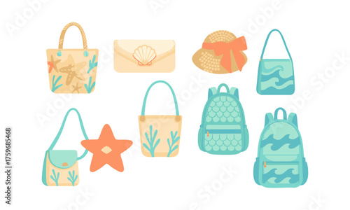 Mermaid Theme Backpacks and Handbags Flat Vector Design Vector illustration, easily editable.