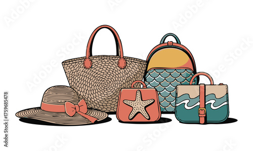  Beach Bag & Summer Accessory Vector Collection on White Background is easily editable..
