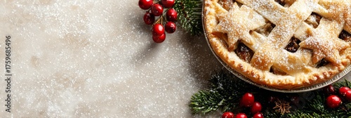 Christmas mince pie with star crust and festive decorations