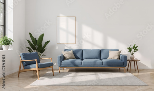 Soggiorno moderno con divano blu, poltrona e piante. Generative AI