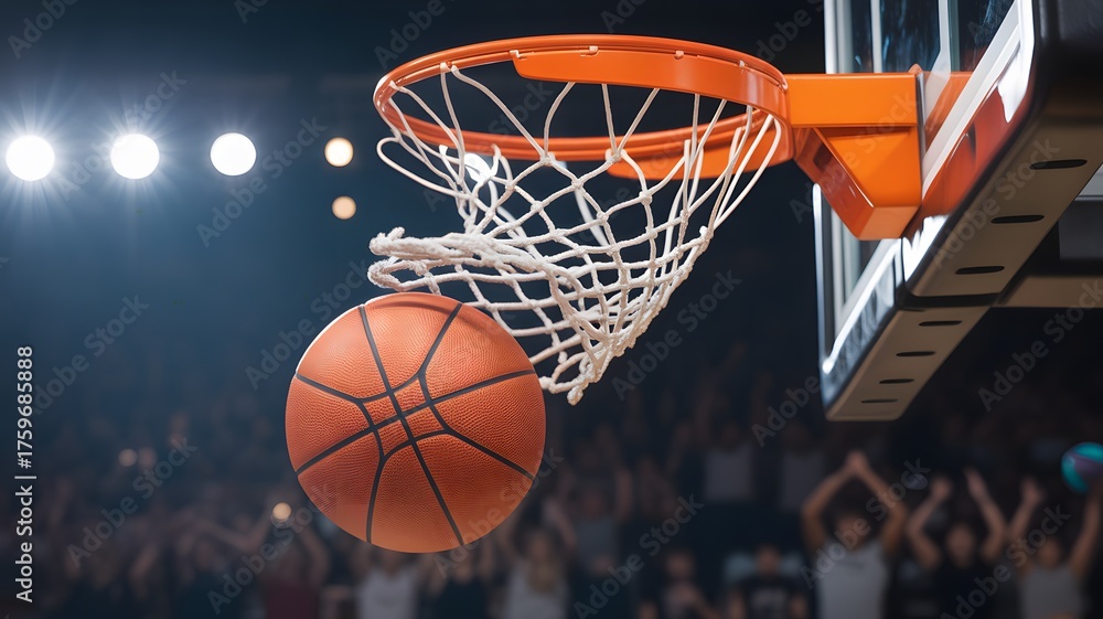 Fototapeta premium Basketball going through a net on a hoop during a game with a crowd in the background
