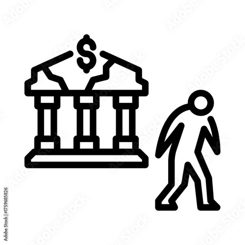 A broken bank outline icon. figure line art illustration.