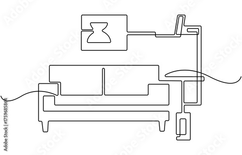 one continuous line drawing Sofa, floor lamp and potted plant for living room.