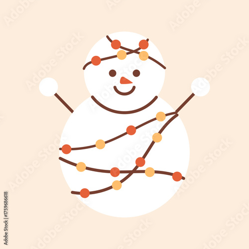 Vector illustration of smiling snowman wrapped in festive garland with round decorations, stick arms, and carrot nose. Cute winter holiday character for Christmas cards, decoration, kids design.