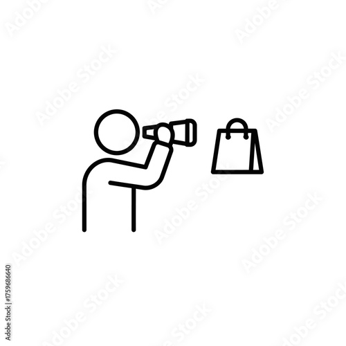 Person looking through binoculars at a shopping bag observing consumerism.