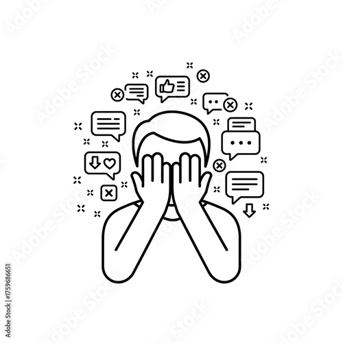 Person overwhelmed by social media notifications and messages.