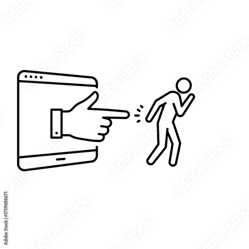 Online Harassment Concept Hand from Tablet Pointing at Fleeing Person.