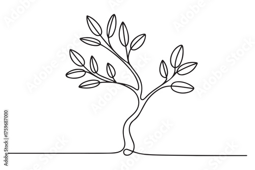 Continuous one line drawing of a young tree with branches and leaves, minimalist nature concept illustration
