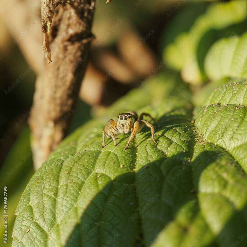 Fototapeta premium macro view of golden jumping spider resting on a bright leaf, showcasing intricate patterns and details of nature’s tiny predator