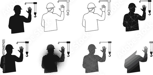Black and white silhouette vector illustration of construction worker with crane hook in multiple artistic styles, safety, teamwork, supervision, and industry