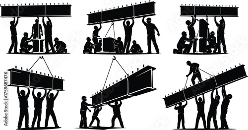 Black and white silhouette vector illustration of construction workers lifting, positioning, and securing structural beams with teamwork, safety, tools, and precision