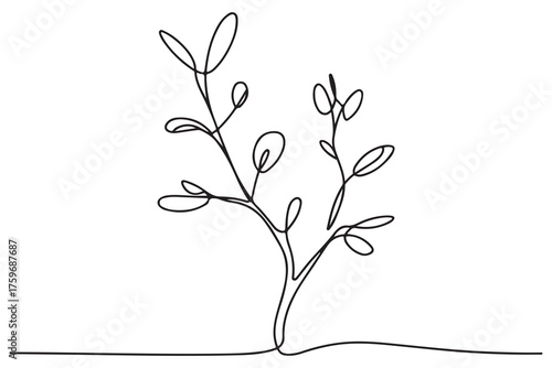 Continuous one line drawing of a young tree with branches and leaves, minimalist nature concept illustration

