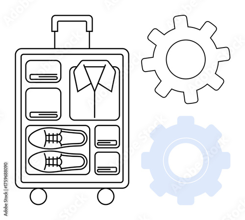 Neatly packed suitcase with clothing and shoes, accompanied by gear icons. Ideal for travel, efficiency, planning, systems, organization, business trips simplicity. A simple flat metaphor