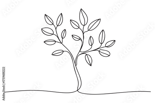 Continuous one line drawing of a young tree with branches and leaves, minimalist nature concept illustration

