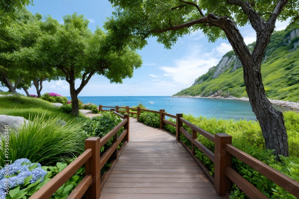 Obraz premium Wooden boardwalk leading to tranquil ocean coastline path