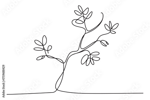 Continuous one line drawing of a young tree with branches and leaves, minimalist nature concept illustration
