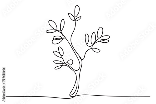 Continuous one line drawing of a young tree with branches and leaves, minimalist nature concept illustration
