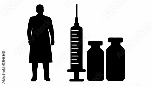 Doctor silhouette with vaccine bottles and syringe for healthcare promotions and medical industry campaigns
