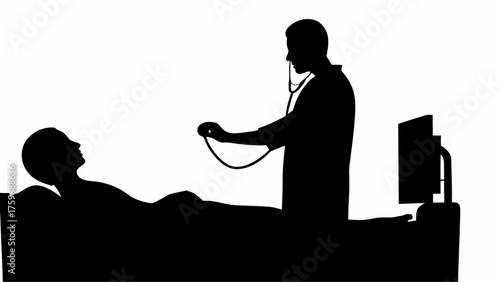 Caring doctor examining patient with stethoscope in hospital bed silhouette for medical health concept