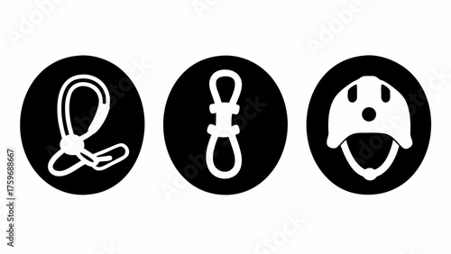 Essential rock climbing gear icons featuring helmet, belay device, and harness for safety and adventure