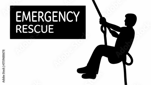 Bold emergency rescue rappel silhouette conveys safety, teamwork, and swift professional action for urgent situations