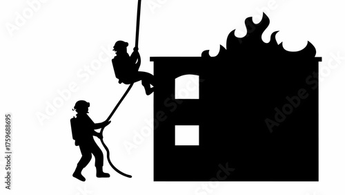 Brave firefighters rappelling down burning building, facing danger and saving lives in emergency situation