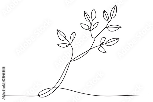 Continuous one line drawing of a young tree with branches and leaves, minimalist nature concept illustration
