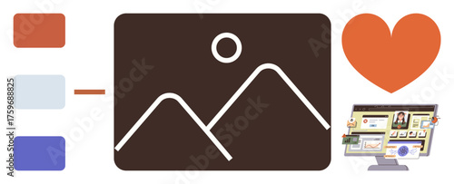 Simplified graphics of photo, color palette, and computer screen with multimedia design highlights. Ideal for creativity, web design, visual media, education, branding, marketing simple flat