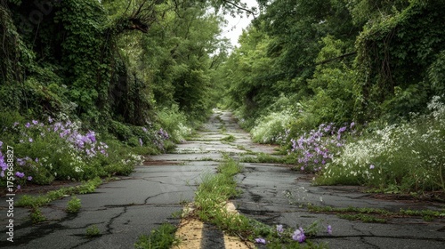 Overgrown road with wildflowers and trees reclaiming nature's path reclaimed