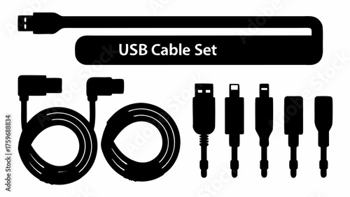 Diverse USB cable set for electronics connections with various connector types for data transfer solutions