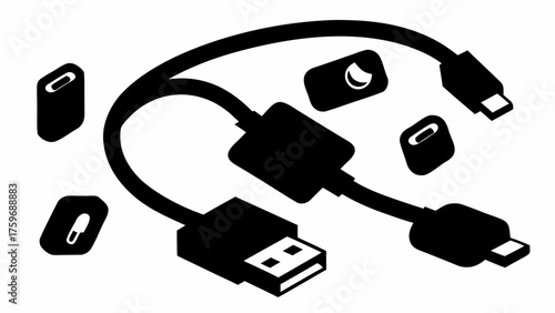 Modern USB cable connecting devices with multiple ports, data transfer simplicity and technology solution