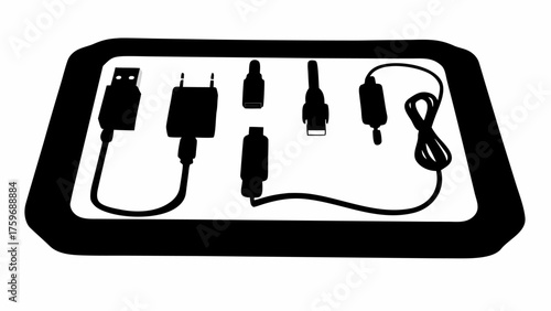 Essential black silhouette kit of chargers and connectors organized in a tray for mobile devices or electronics