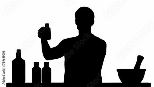 Apothecary preparing herbal medicine with mortar and pestle in silhouette, bottles and vials on counter