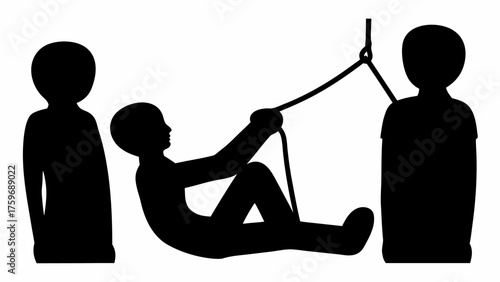 Dynamic silhouette of a person on a rope swing with onlookers, capturing carefree joy and playful athleticism
