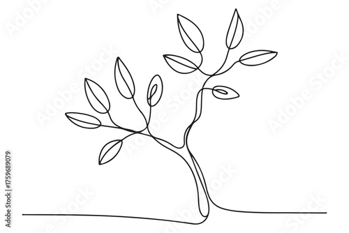 Continuous one line drawing of a young tree with branches and leaves, minimalist nature concept illustration

