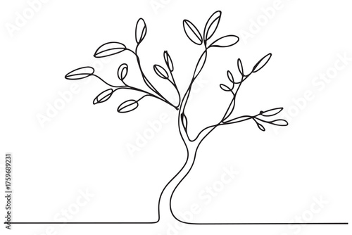 Continuous one line drawing of a young tree with branches and leaves, minimalist nature concept illustration
