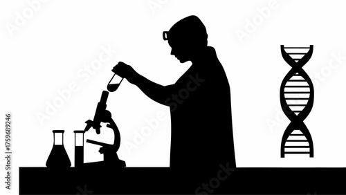 Scientist conducting advanced research using microscope with DNA structure for groundbreaking medical discovery