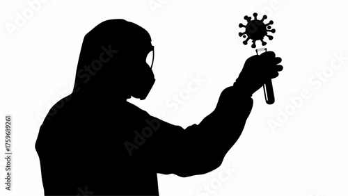 Scientist in hazmat suit examining virus sample in test tube for research and medical discovery
