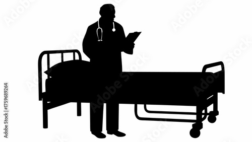 Dedicated doctor reviewing patient chart bedside offering compassionate care in hospital room setting, professional health