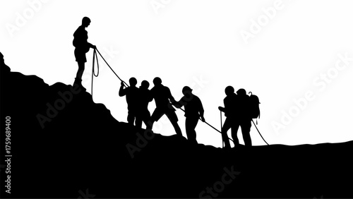 Silhouette of determined hikers conquering mountain peak, teamwork and adventure, vector style for athletic companies