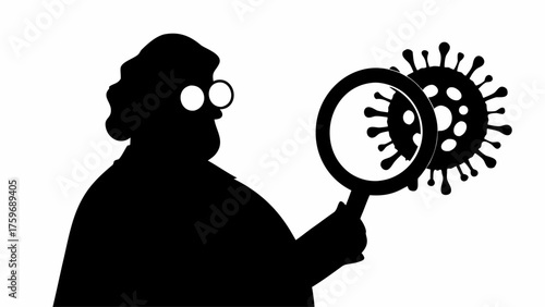 Researcher intensely studying virus with magnifying glass in scientific discovery and medical research concept