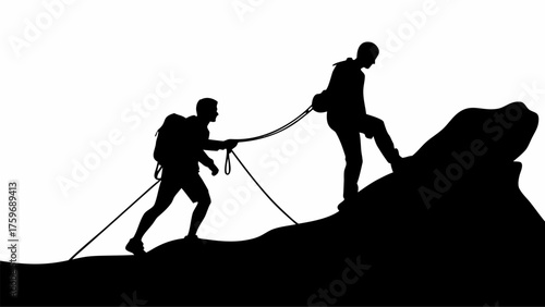 Two hikers silhouette conquering mountain peak together, teamwork and adventure concept for success and challenge