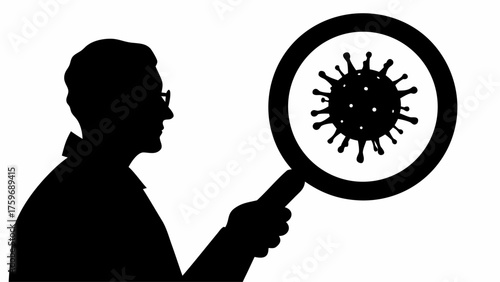 Scientist intensely studying virus with magnifying glass seeking cure for widespread illness and disease outbreak
