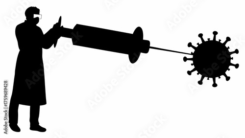 Scientist fighting virus with oversized syringe, concept for medical breakthrough and healthcare innovation