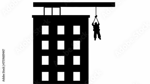 Bold building climber ascending silhouette performing daring feat with rope, challenge and determination icon