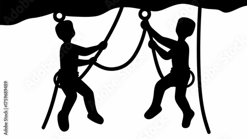 Silhouette of two people rock climbing, showcasing teamwork, adventure, fitness and determination in sports