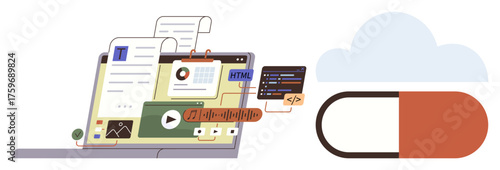 Open laptop displaying coding interface, analytics, and media tools, with cloud and capsule icon. Ideal for programming, online tools, teamwork, cloud computing coding software workflows. Simple